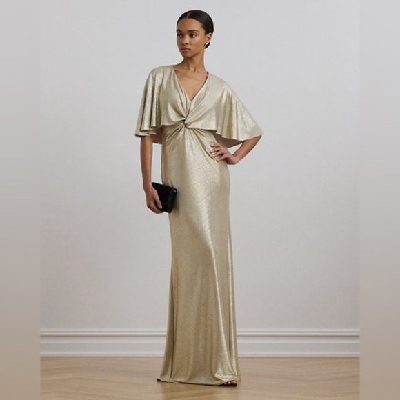 LAUREN RALPH LAUREN Foil-Print Jersey Cape Gown Wedding Bridesmaid Evening - Picture 1 of 16